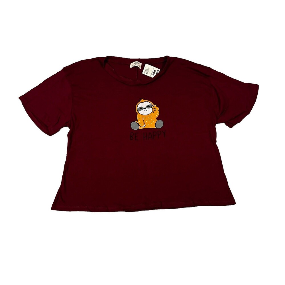 Revive Pajama Shirt XL NWT Maroon Sloth Be Happy Crop Cotton Lounge Sleep Tee